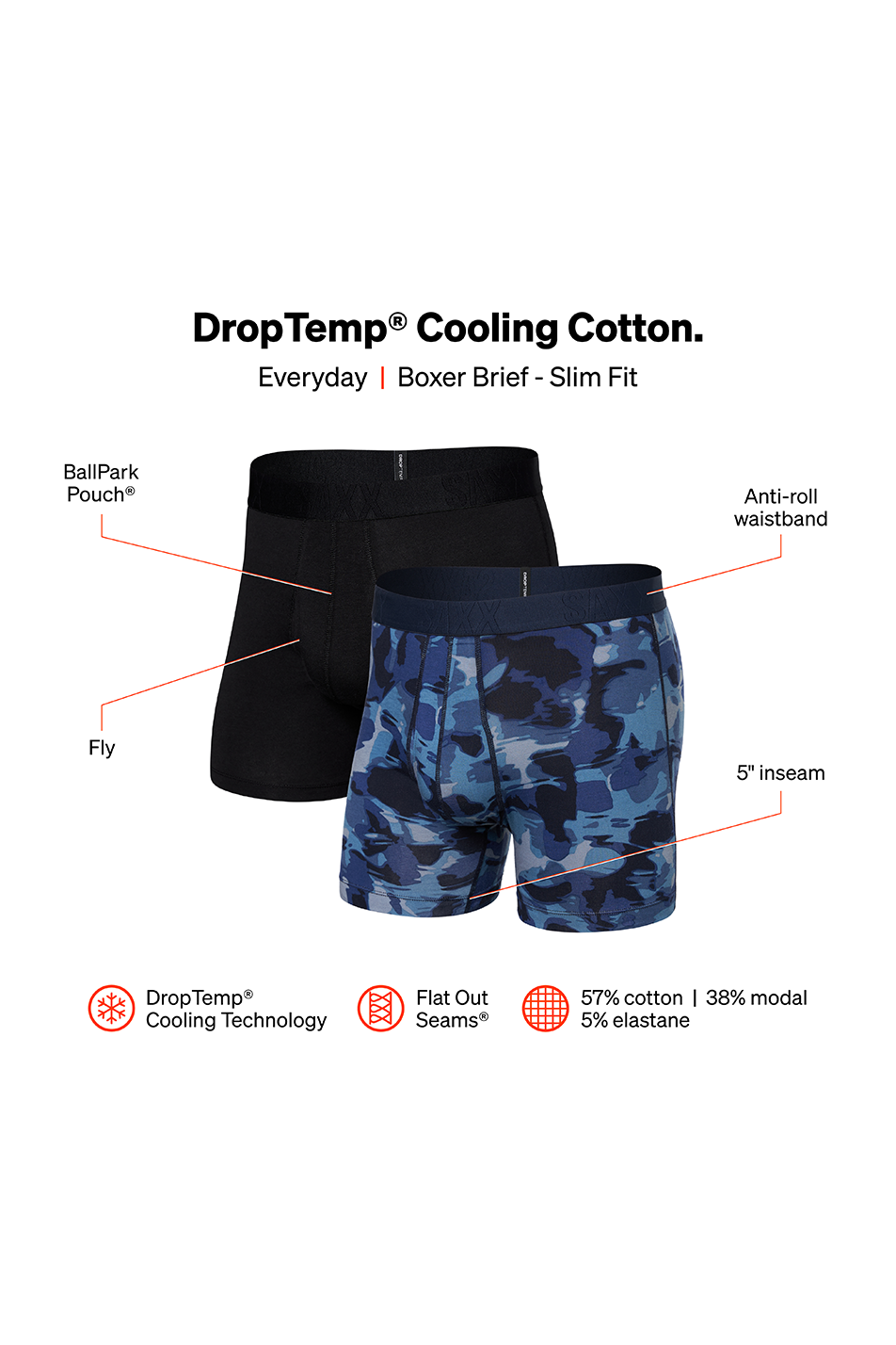 SAXX Men's 2 Pack Boxer Brief Fly DropTemp™ Cooling Cotton