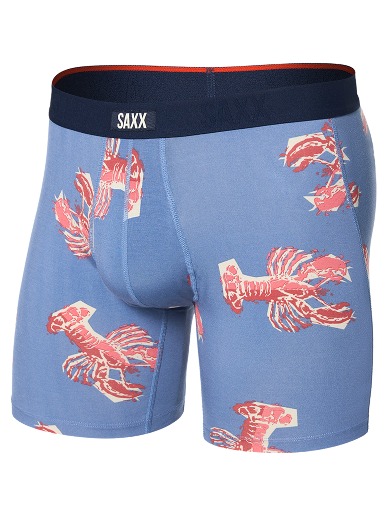A pair of SAXX Men's Boxer Briefs with a geometric pattern in shades of blue and red.
